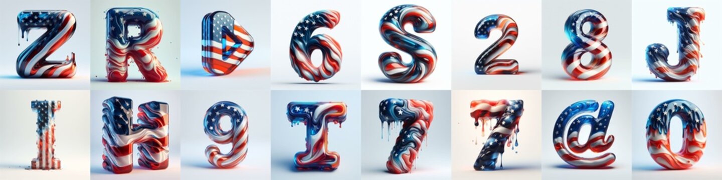 glass letters in color USA flag 3D Lettering Typeface. AI generated illustration