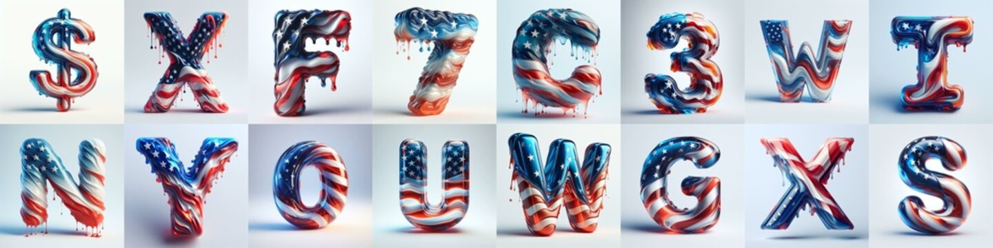 glass letters in color USA flag 3D Lettering Typeface. AI generated illustration