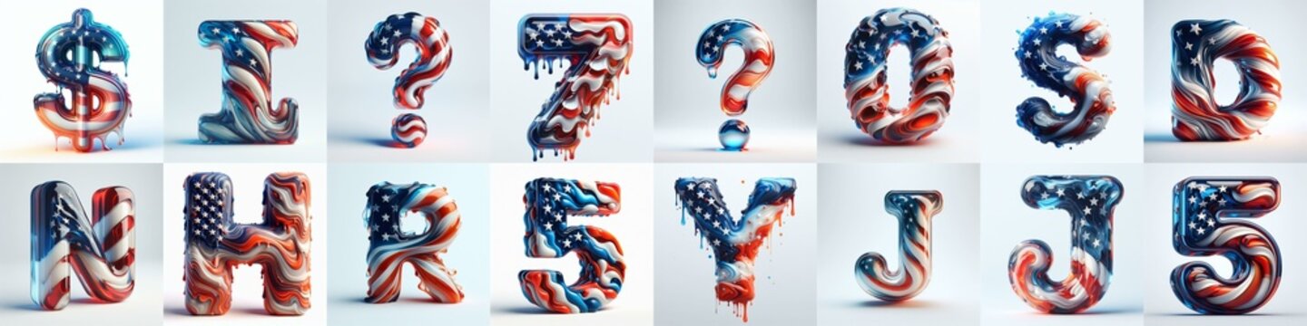 glass letters in color USA flag 3D Lettering Typeface. AI generated illustration