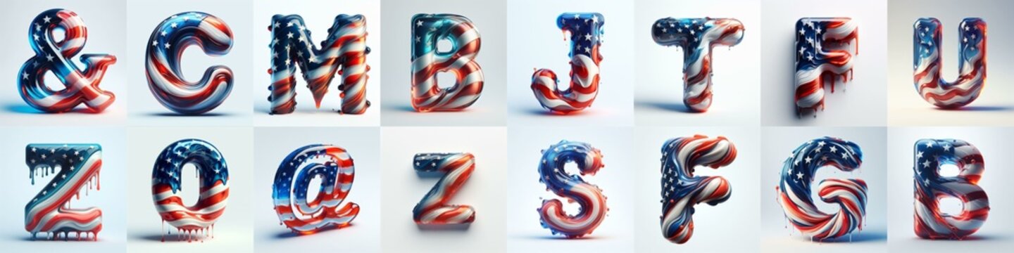 glass letters in color USA flag 3D Lettering Typeface. AI generated illustration
