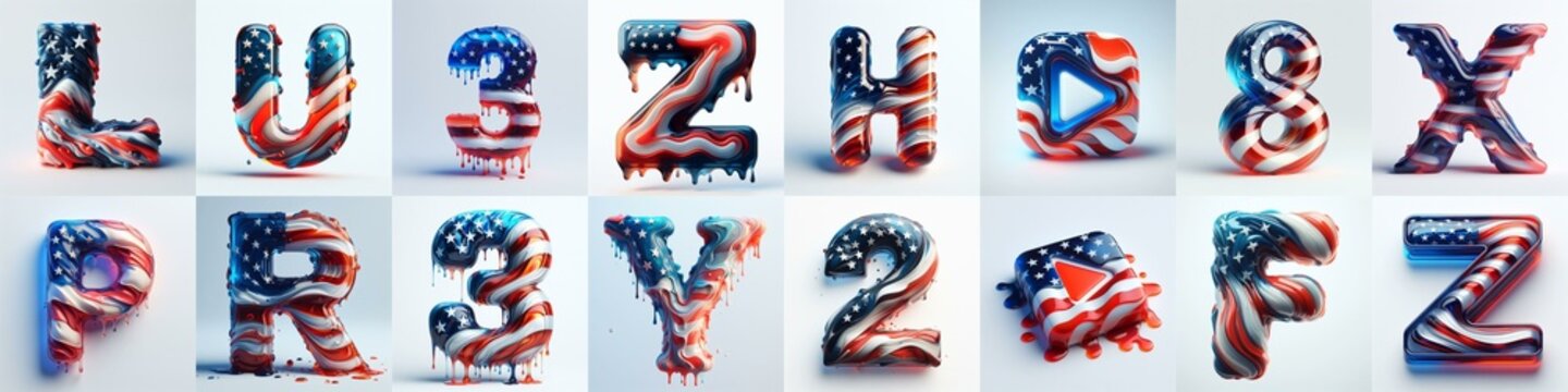 glass letters in color USA flag 3D Lettering Typeface. AI generated illustration