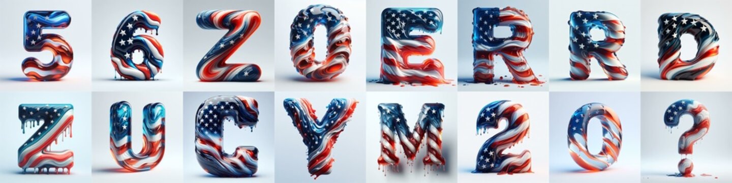 glass letters in color USA flag 3D Lettering Typeface. AI generated illustration