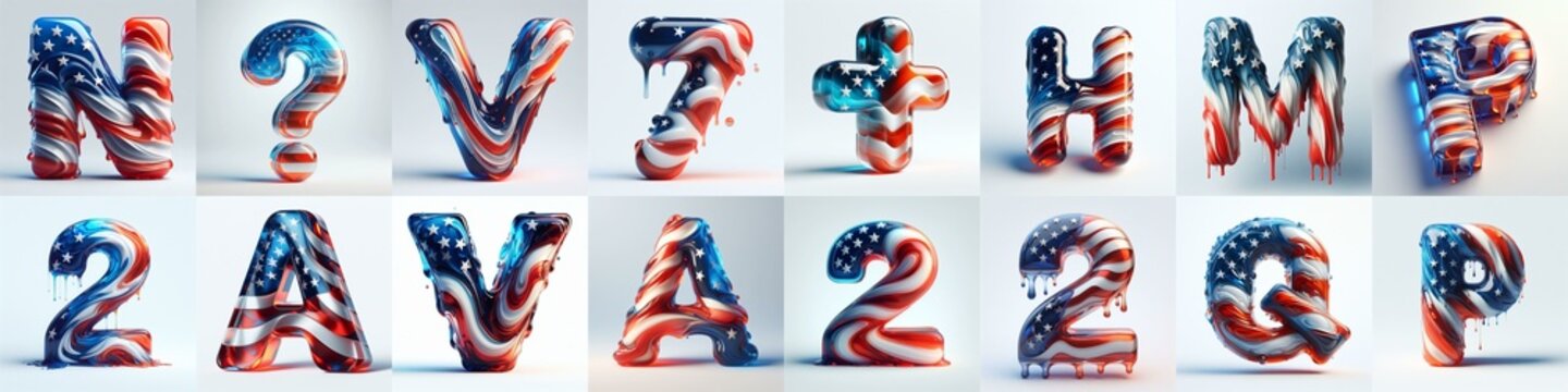 glass letters in color USA flag 3D Lettering Typeface. AI generated illustration