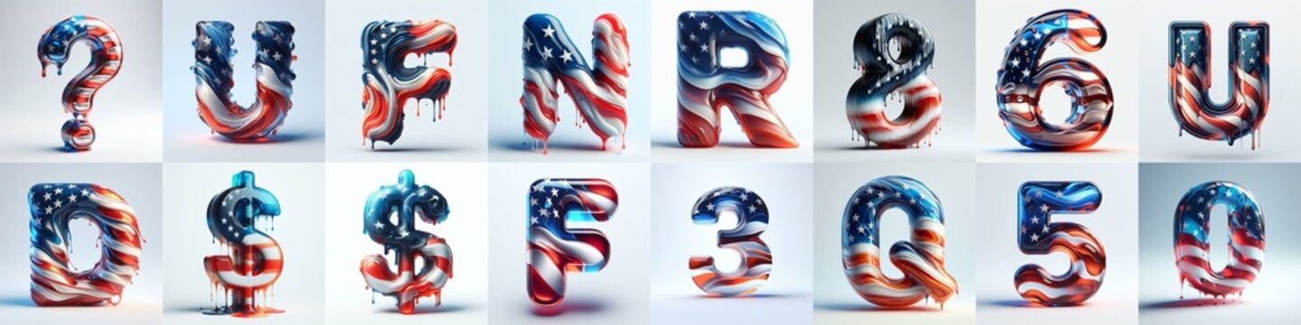 glass letters in color USA flag 3D Lettering Typeface. AI generated illustration