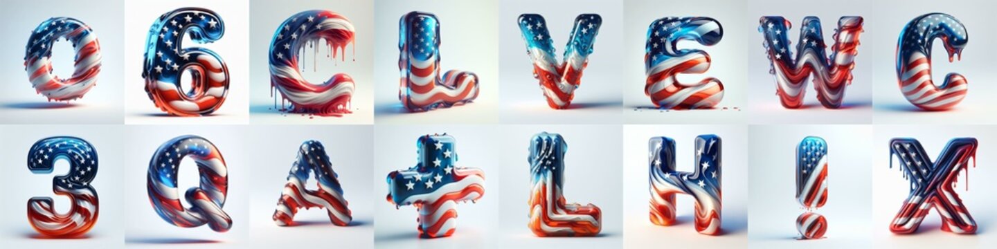glass letters in color USA flag 3D Lettering Typeface. AI generated illustration