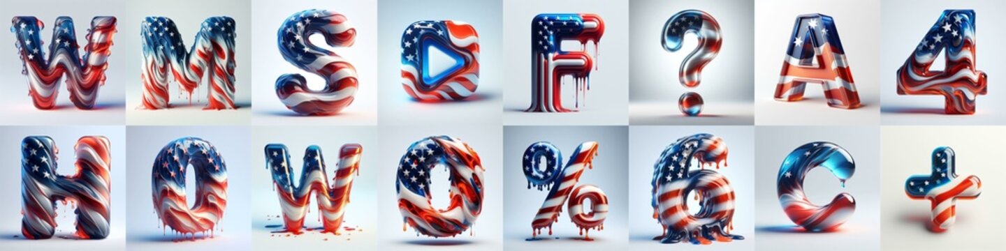 glass letters in color USA flag 3D Lettering Typeface. AI generated illustration