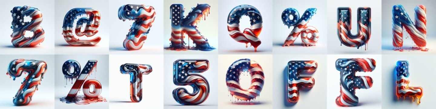 glass letters in color USA flag 3D Lettering Typeface. AI generated illustration