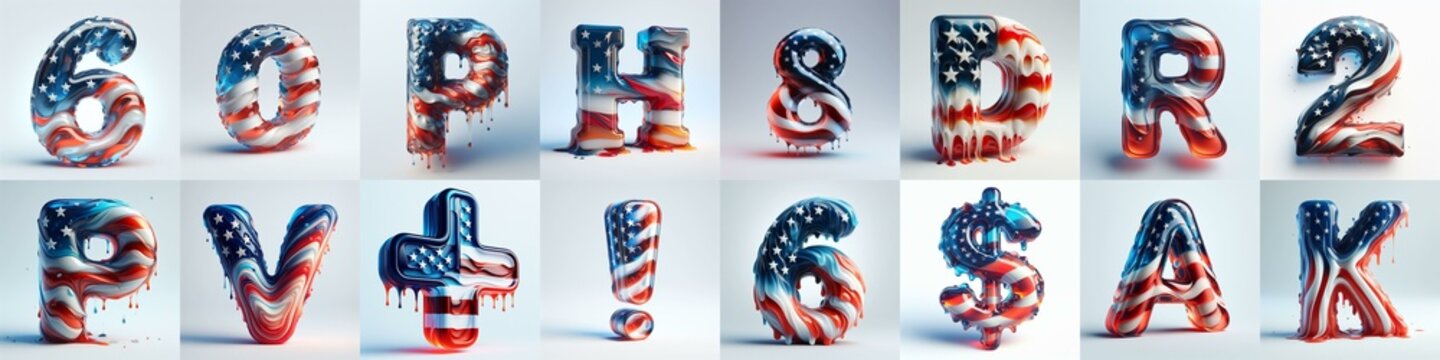 glass letters in color USA flag 3D Lettering Typeface. AI generated illustration