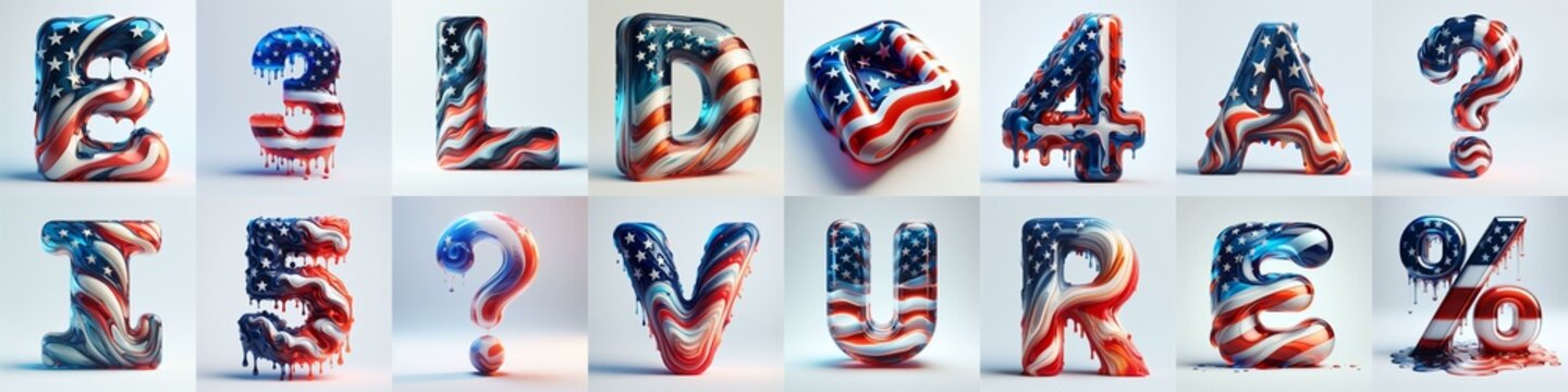glass letters in color USA flag 3D Lettering Typeface. AI generated illustration