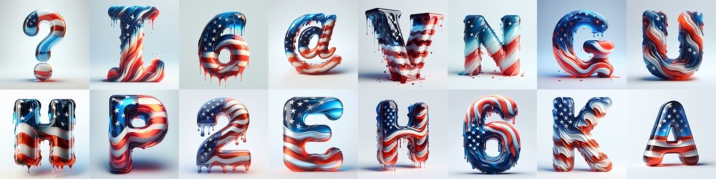 glass letters in color USA flag 3D Lettering Typeface. AI generated illustration