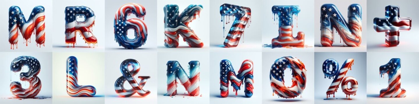 glass letters in color USA flag 3D Lettering Typeface. AI generated illustration