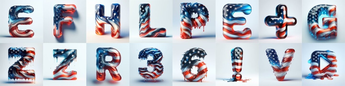 glass letters in color USA flag 3D Lettering Typeface. AI generated illustration