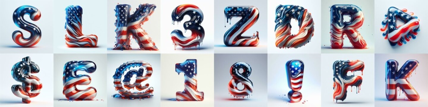 glass letters in color USA flag 3D Lettering Typeface. AI generated illustration