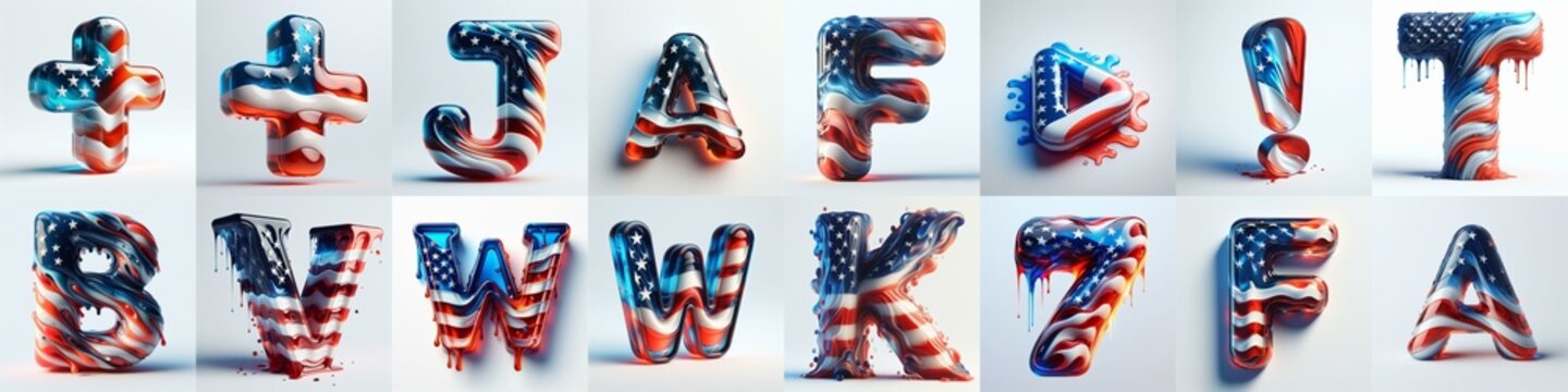 glass letters in color USA flag 3D Lettering Typeface. AI generated illustration
