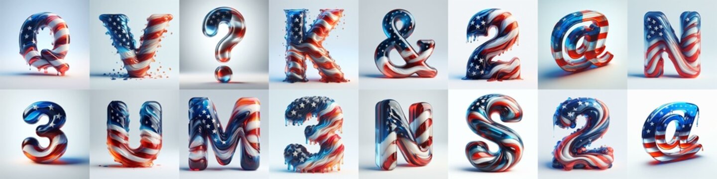 glass letters in color USA flag 3D Lettering Typeface. AI generated illustration