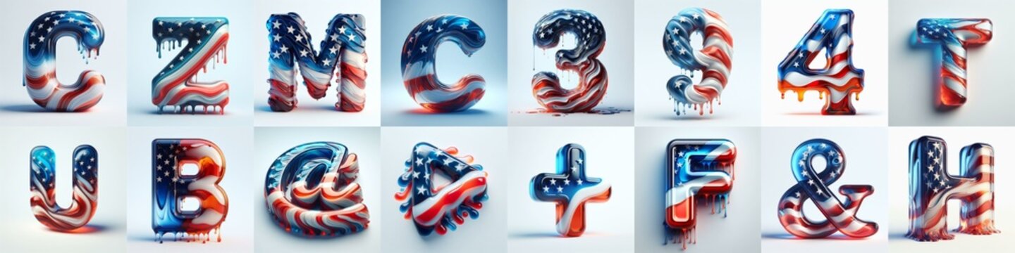 glass letters in color USA flag 3D Lettering Typeface. AI generated illustration
