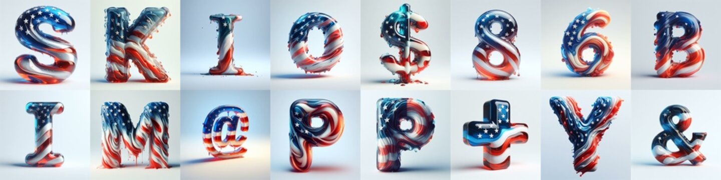 glass letters in color USA flag 3D Lettering Typeface. AI generated illustration