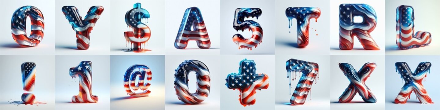 glass letters in color USA flag 3D Lettering Typeface. AI generated illustration