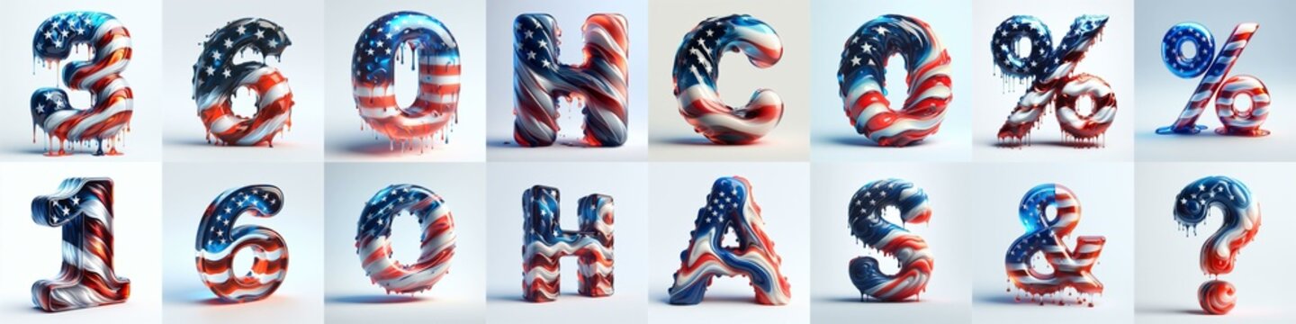 glass letters in color USA flag 3D Lettering Typeface. AI generated illustration