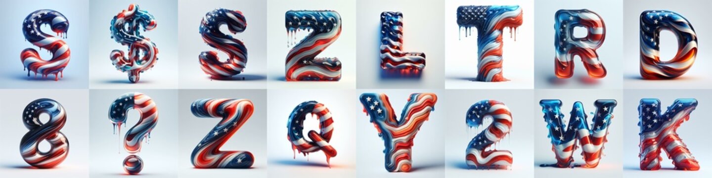 glass letters in color USA flag 3D Lettering Typeface. AI generated illustration