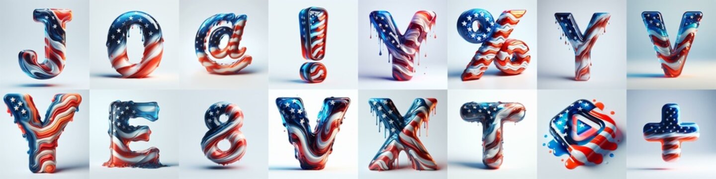 glass letters in color USA flag 3D Lettering Typeface. AI generated illustration