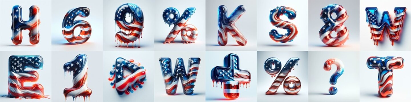 glass letters in color USA flag 3D Lettering Typeface. AI generated illustration