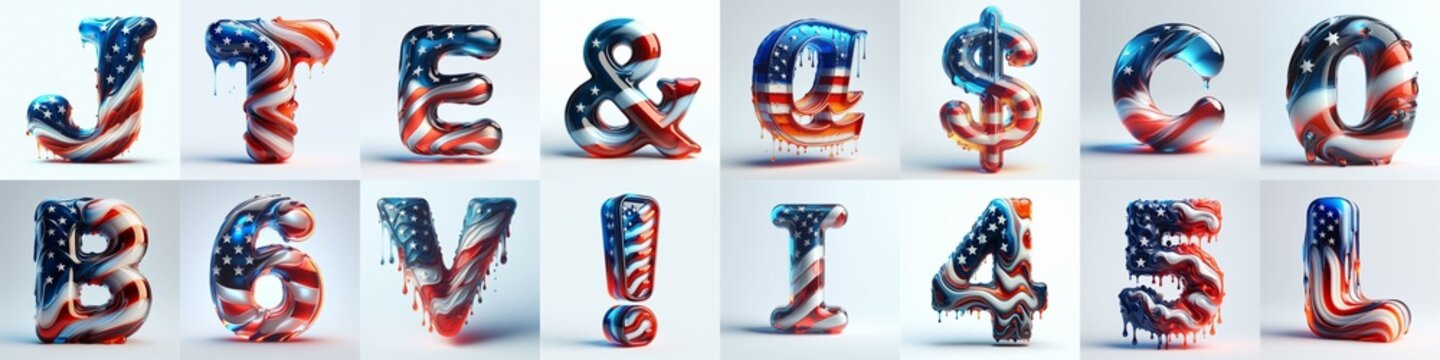 glass letters in color USA flag 3D Lettering Typeface. AI generated illustration