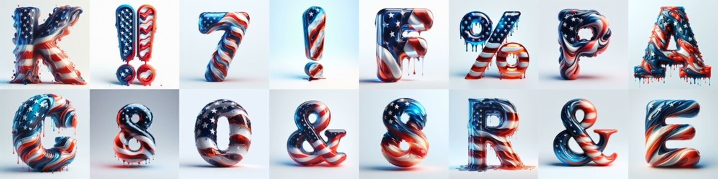 glass letters in color USA flag 3D Lettering Typeface. AI generated illustration