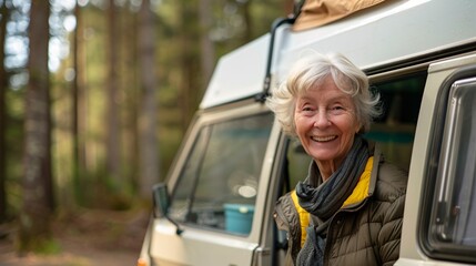 Wall Mural - An elderly woman smiling as she prepares her camper van for a camping trip in the wilderness with a scenic forest background