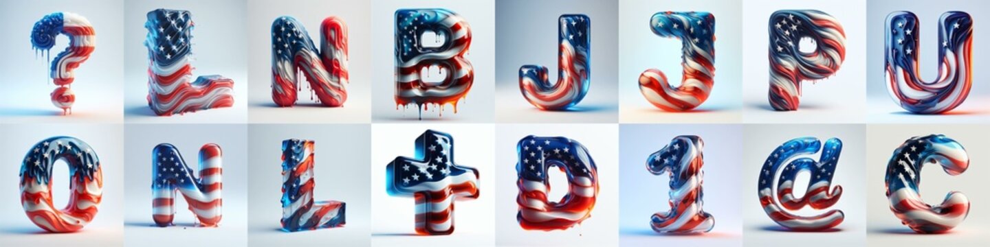 glass letters in color USA flag 3D Lettering Typeface. AI generated illustration