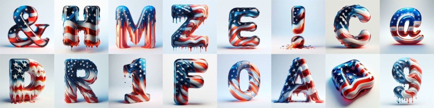 glass letters in color USA flag 3D Lettering Typeface. AI generated illustration