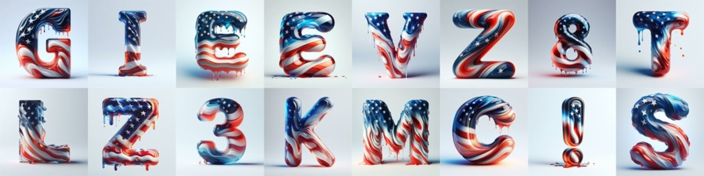 glass letters in color USA flag 3D Lettering Typeface. AI generated illustration