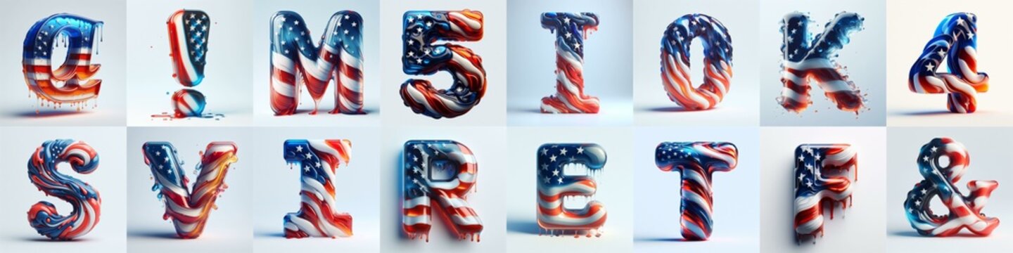 glass letters in color USA flag 3D Lettering Typeface. AI generated illustration