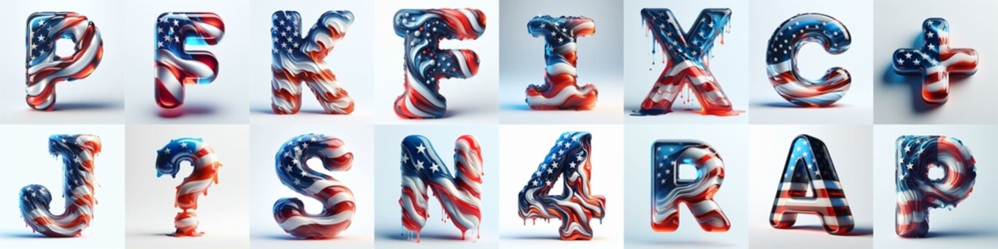 glass letters in color USA flag 3D Lettering Typeface. AI generated illustration