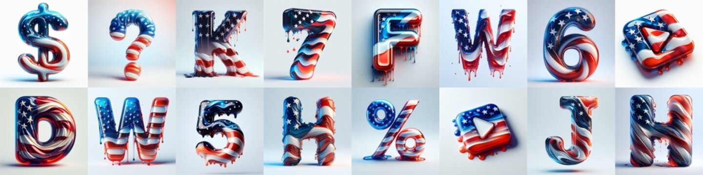 glass letters in color USA flag 3D Lettering Typeface. AI generated illustration