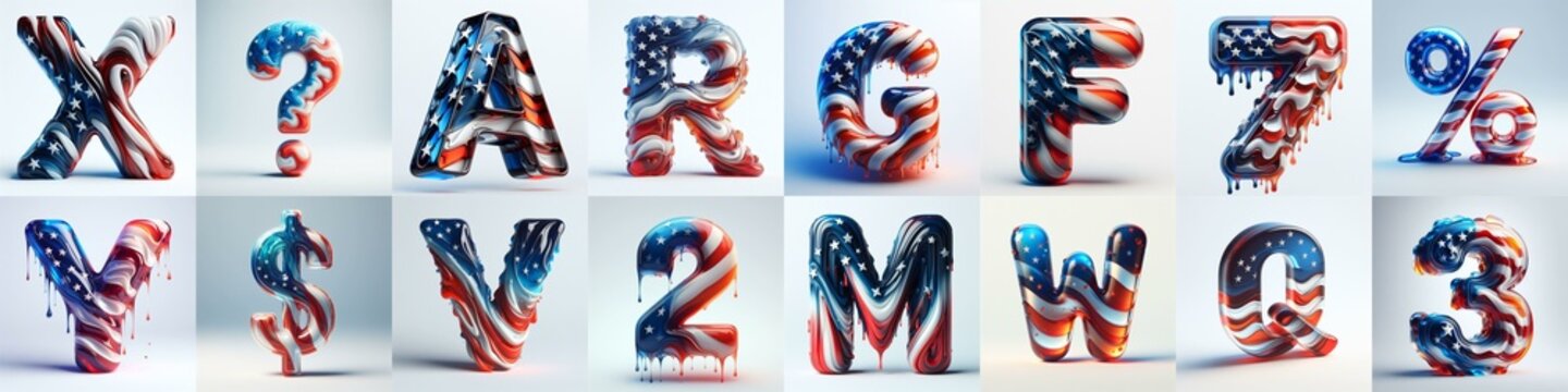 glass letters in color USA flag 3D Lettering Typeface. AI generated illustration