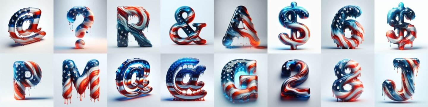 glass letters in color USA flag 3D Lettering Typeface. AI generated illustration