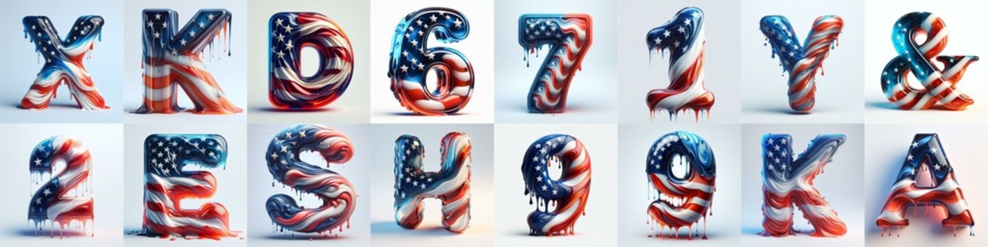 glass letters in color USA flag 3D Lettering Typeface. AI generated illustration