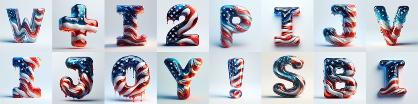 glass letters in color USA flag 3D Lettering Typeface. AI generated illustration