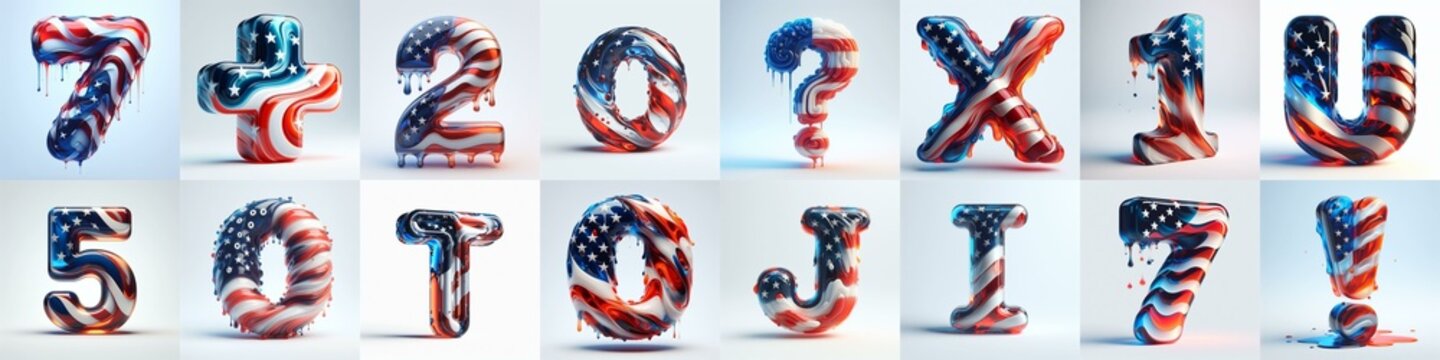 glass letters in color USA flag 3D Lettering Typeface. AI generated illustration