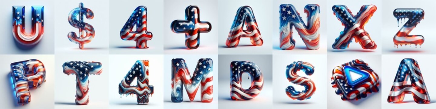 glass letters in color USA flag 3D Lettering Typeface. AI generated illustration
