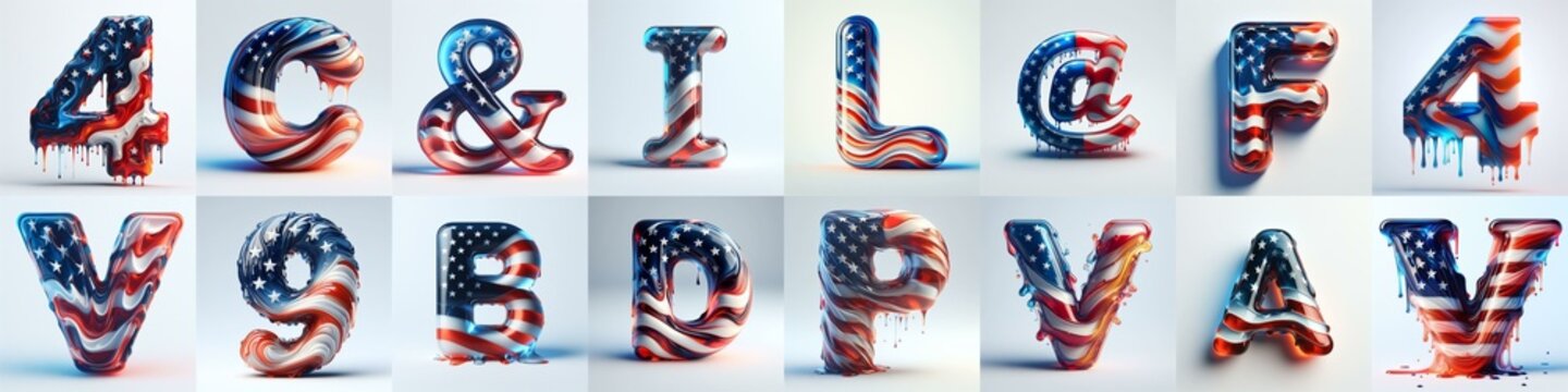 glass letters in color USA flag 3D Lettering Typeface. AI generated illustration
