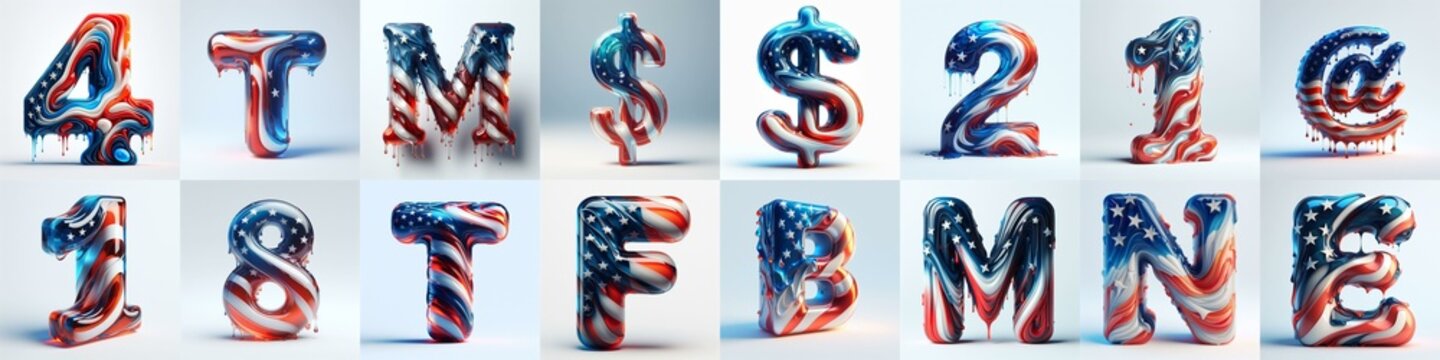 glass letters in color USA flag 3D Lettering Typeface. AI generated illustration