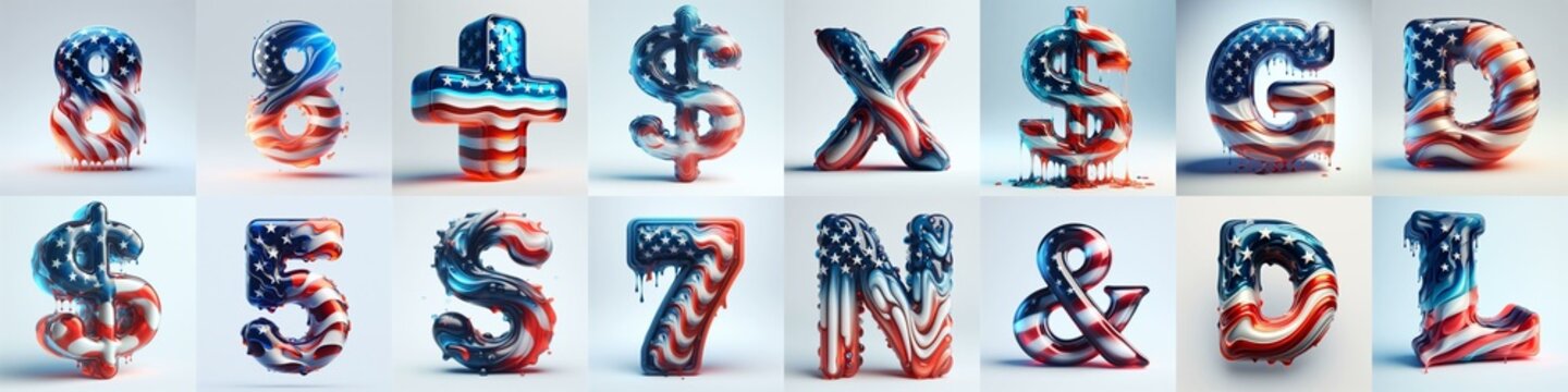 glass letters in color USA flag 3D Lettering Typeface. AI generated illustration