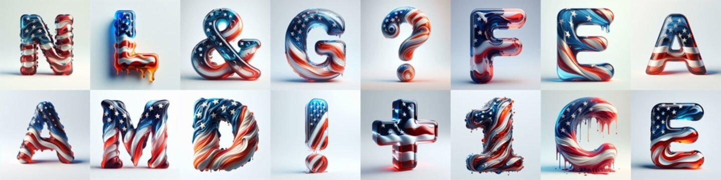 glass letters in color USA flag 3D Lettering Typeface. AI generated illustration