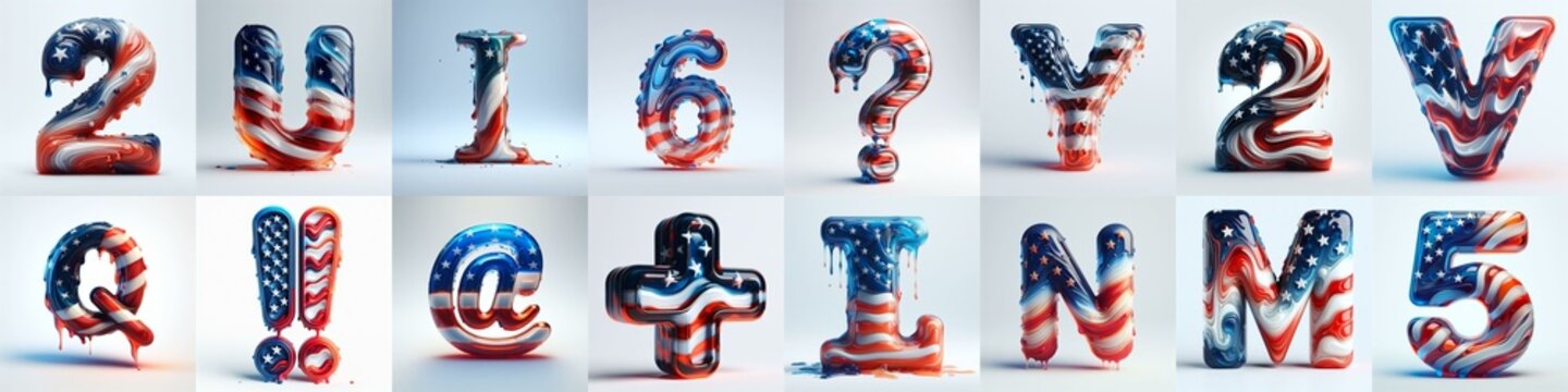 glass letters in color USA flag 3D Lettering Typeface. AI generated illustration