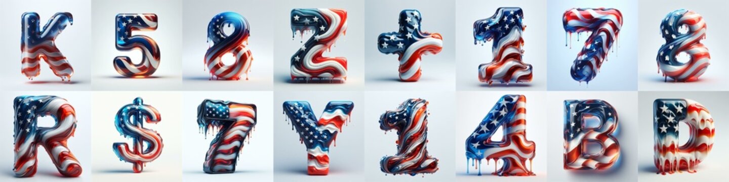 glass letters in color USA flag 3D Lettering Typeface. AI generated illustration