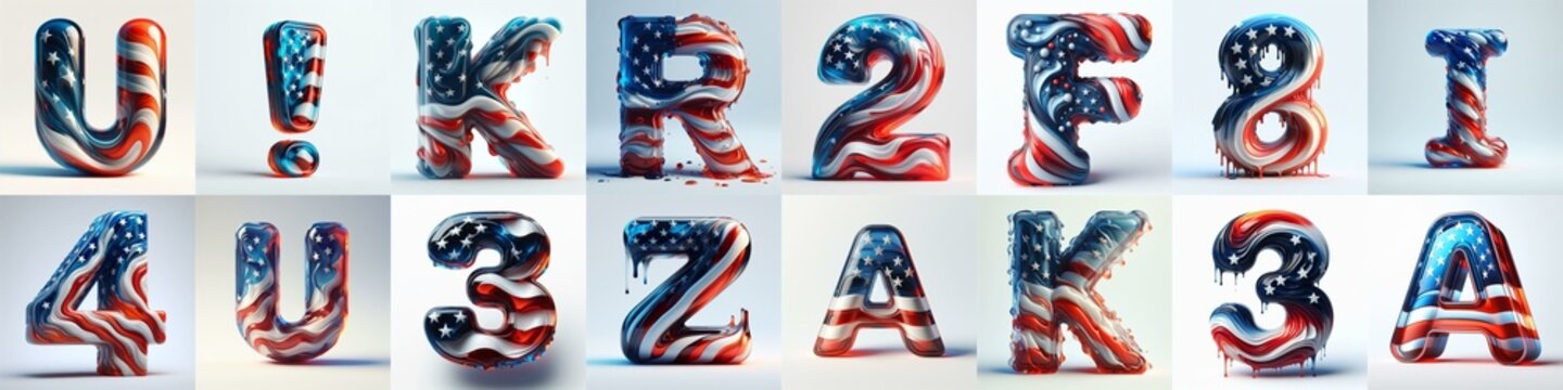 glass letters in color USA flag 3D Lettering Typeface. AI generated illustration