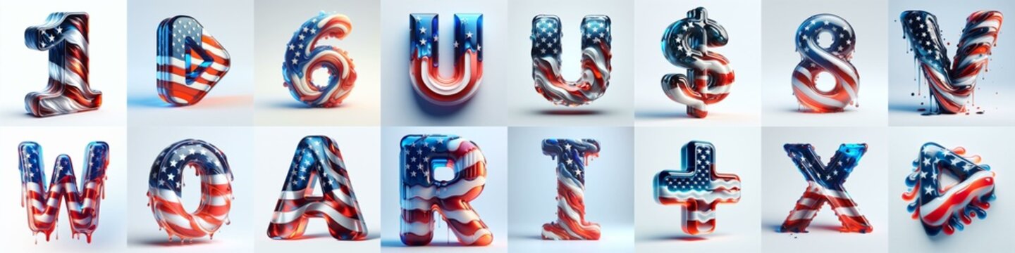 glass letters in color USA flag 3D Lettering Typeface. AI generated illustration