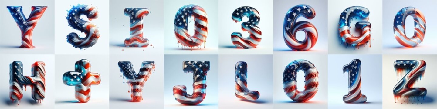 glass letters in color USA flag 3D Lettering Typeface. AI generated illustration
